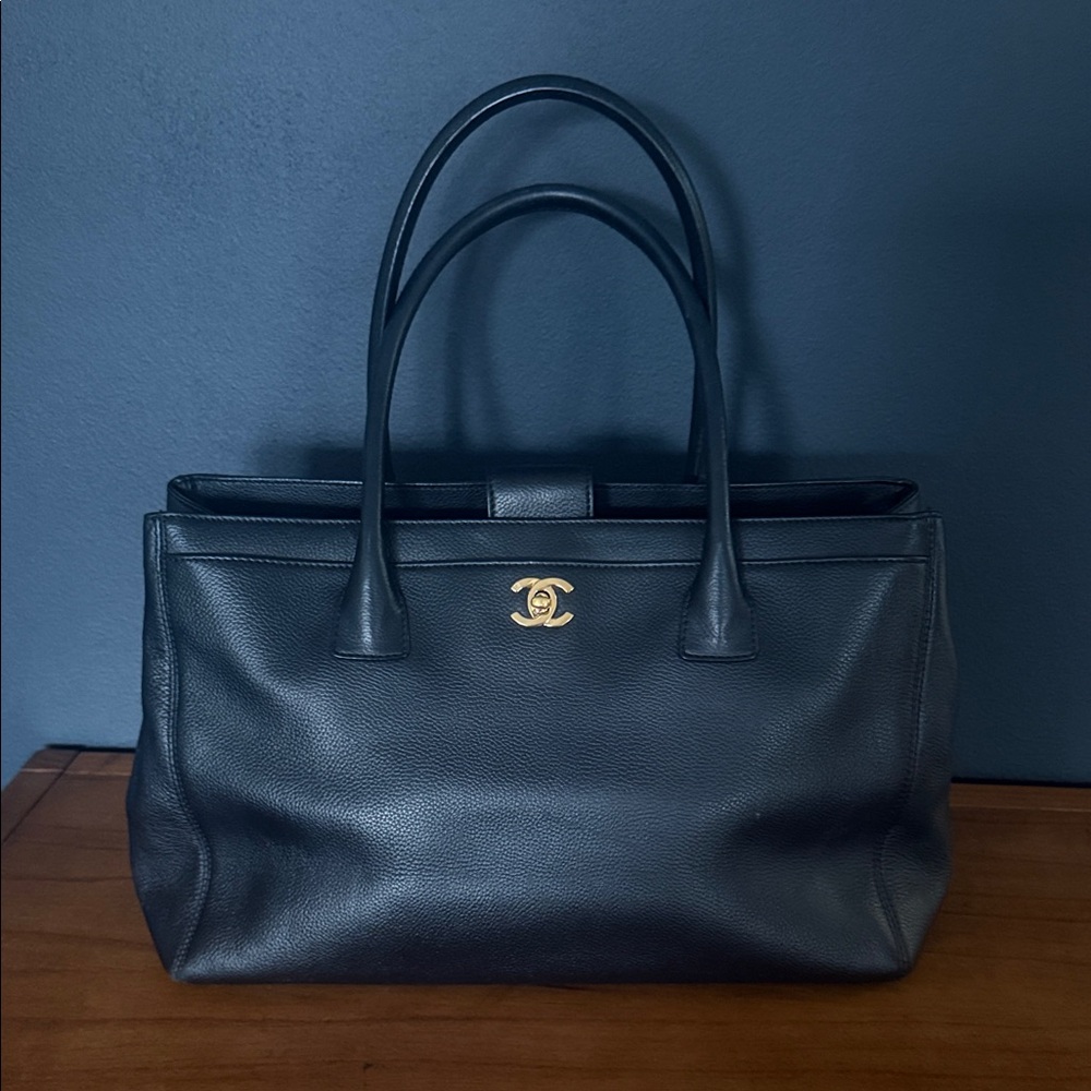 CHANEL Executive Black Leather Tote with Gold Logo